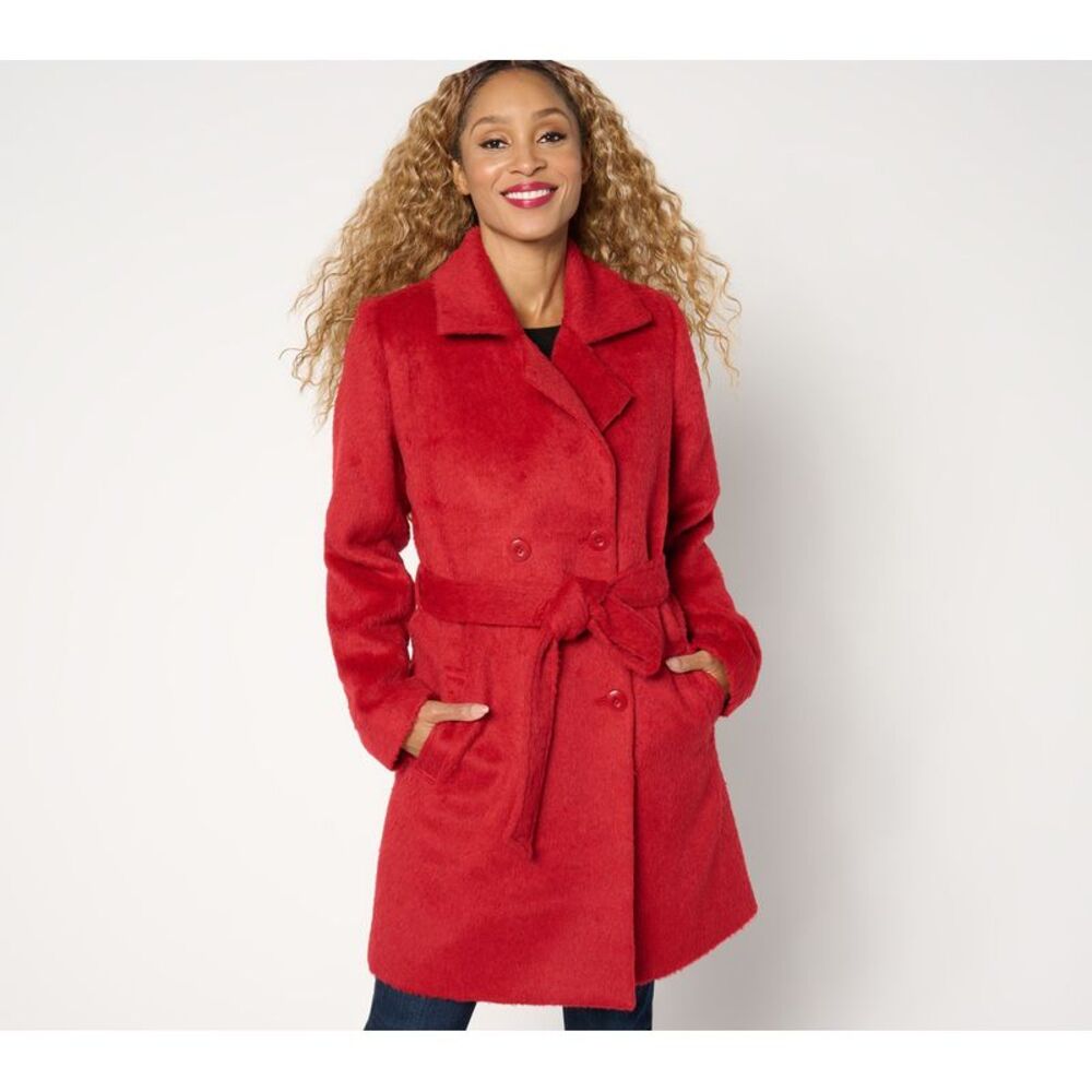 Susan Graver Women's Petite Jacket PXL Faux Wool Double Breasted Coat Red